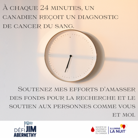JAC Histoire carrée Instagram. "À chaque 24 minutes, un Canadien reçoit un diagnostic de cancer du sang. Soutenez mes efforts D'amasser des fonds pour la recherche et le soutien aux personnes comme vous et moi"